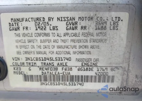 2005 Nissan Sentra 1.8/1.8S z USA, uszkodzony, nr VIN 3N1CB51D45L531740